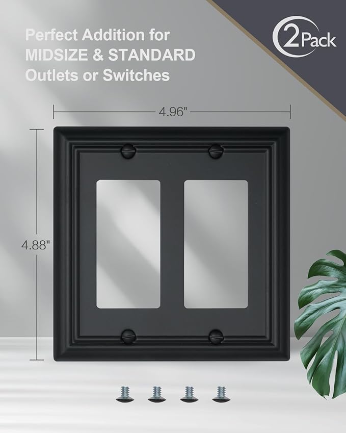 2-Pack Double Decorator Outlet Covers, Decorative Black Wall Plates, Metal Face Plates for Receptacle, GFCI Outlet, Dimmer Switch, 4.96''*4.88'', Midsize