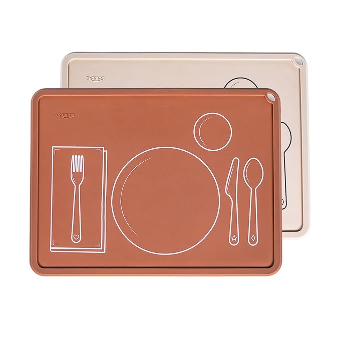 CHAMOS Montessori Placemat for Toddlers - Kids Silicone Mats for Dining Table - Set of 2 - Table Setting Learning (Clay and Beige)