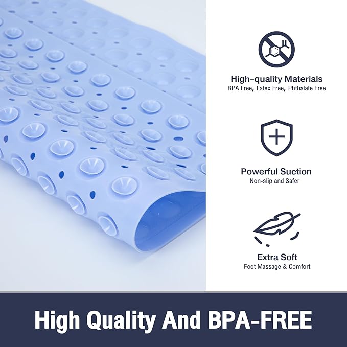 Square Shower Bathtub Mat Non Slip for Inside Shower Light Blue 21x21 Inch, Shower Stall Mats for Bathroom Floor, Soft Bath Mat for Tub with Big Suction Cups Drain Holes, Easy Washable Dry