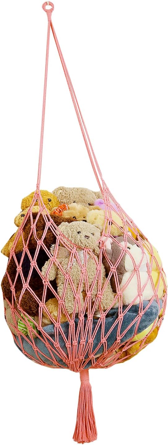 Stuffed Animal Storage Hammock Corner Hanging Net Stuffy Animal Hammock Macrame Toy Display Plush Toy Holder for Kid Bedroom Decor Boho Nursery Playroom Organizer (pink)