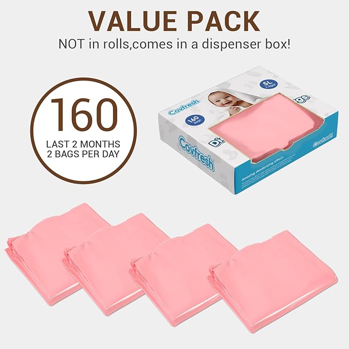 Odor Sealing Diaper Disposable Bags with Tie Handle, 160 count | Large Capacity, Unscented & Durable Diaper Trash Bags for Home & Baby Travel Use (Color:Pink)