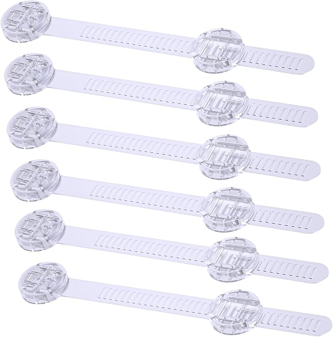 6 Pack Adhesive Straps Locks Baby Proofing for Drawers Fridge Dishwasher Toilet Seat Cupboard Oven Freezer Trash Can, Cabinet Latches Adjustable for Toddlers Cats Dogs, No Drill, Transparent