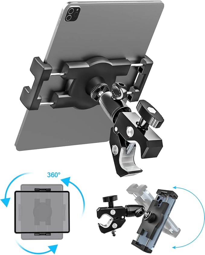 woleyi Aluminum Bike Tablet Mount Camera Clamp, Handlebar Tablet Holder for Motorcycle, Bicycle, Scooter, Stroller, Wheelchair for iPad Pro Air Mini, Galaxy TabS, Z Fold, Fire, iPhone, 4.7-13" Devices