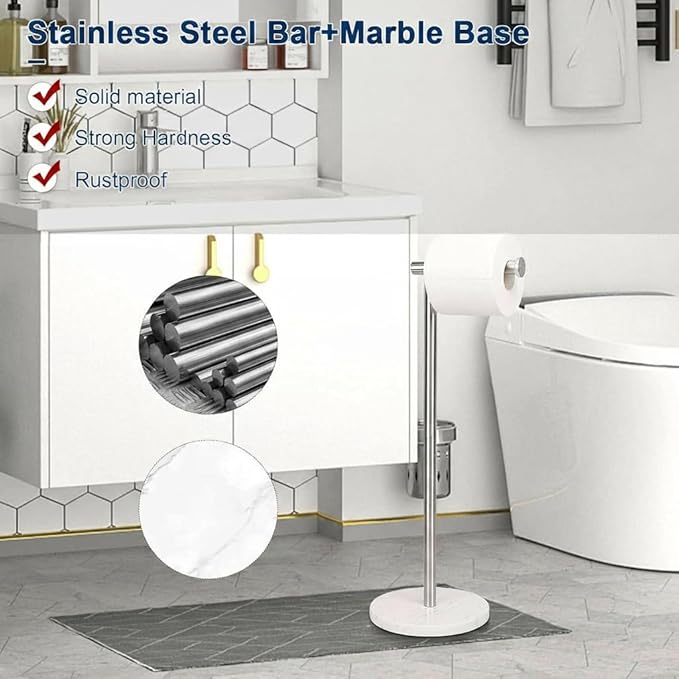 NearMoon Bath Toilet Paper Holder Stand- Modern Tissue Roll Holder Standing with Balanced Base, Rustproof Toilet Roll Holder for Bathroom/Kitchen Countertop (Brushed Nickel, Marble Base)