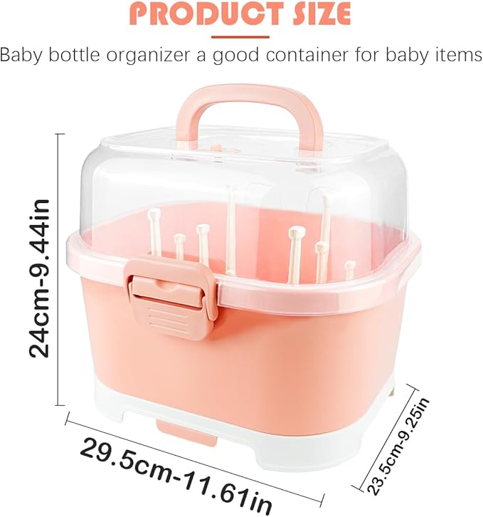 DOERDO Baby Bottle Drying Rack, Portable Large Capacity Toddler Bottles Storage Box with Cover Portable Kitchen Cabinet Organizer for Home Kitchen, 11.6x9.4 Inch, Orange