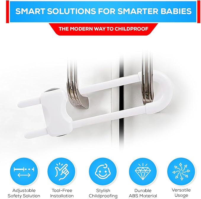 10 PACK Child Proof Cabinet Locks Set, Baby Proofing Adjustable U-Shaped Sliding Locks For Cabinets, Drawers, Closets, Cupboard Handles And Door Knobs. Easy to Use Perfect For Baby Safety (White)