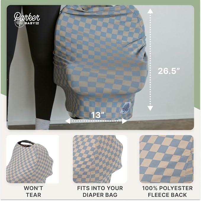 Parker Baby 4 in 1 Car Seat Cover for Girls and Boys - Stretchy Carseat Canopy, Nursing Cover, Grocery Cart Cover, High Chair Cover - "Stormy Blue Checker"