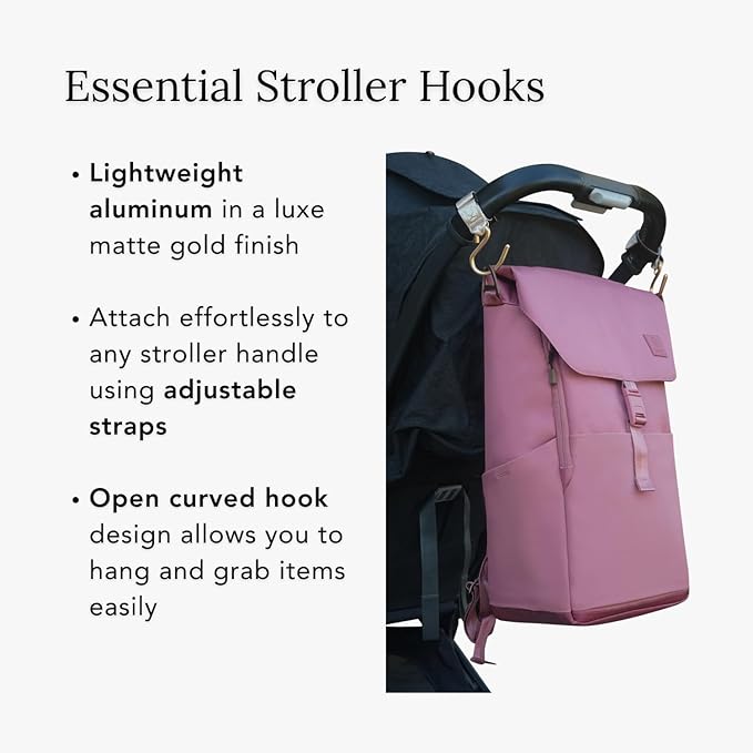 Huhu Essential Stroller Hooks - Lightweight Aluminum Stroller Bag Hook with Adjustable Straps, Matte Gold S-Hooks for Diaper Bag, Shopping, Everyday Essentials – Universal Fit Baby Stroller Accessory