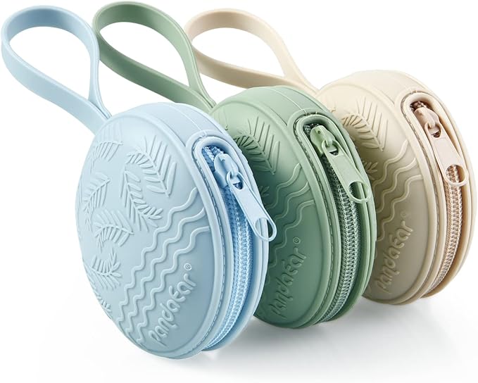 PandaEar 3 Pack Silicone Pacifier Holder Case, Portable Travel Pacifier Pouch for Newborns, BPA-Free Silicone Pacifier Storage Container for Boys & Girls (Green, Blue, Cream)