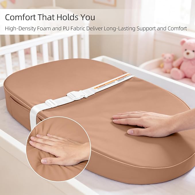 Baby Changing Pad, Waterproof Vegan Leather Wipeable Diaper Changing Pad with Safety Strap Non-Slip Changing Mat for Dresser & Table