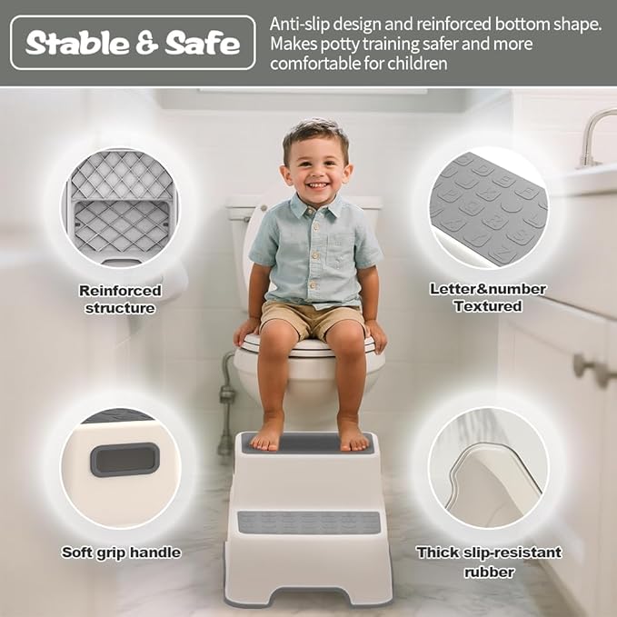 ZLMHYYM Toddler Step Stool for Bathroom Sink, 2 Pack Step Stool for Kids, Plastic Potty Training Toilet Stepping Stools, Child and Baby Lightweight&No-Slip Two Step Stools for Kitchen(Off-White/Gray)