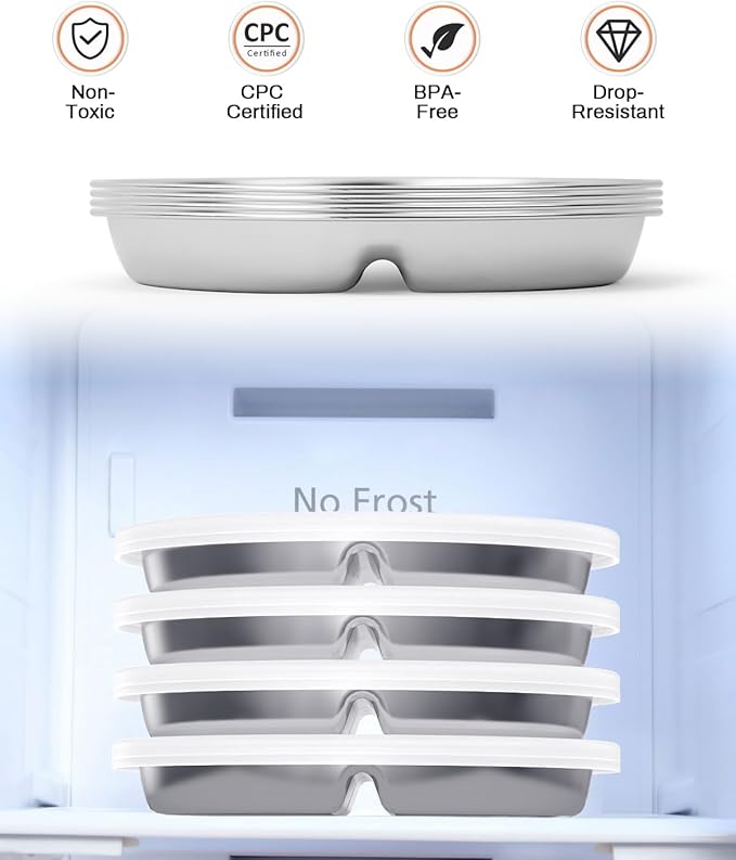 Bakpoco Stainless Steel Kids Plates with Lid 4 Packs, Deepened 9" Portion Control Plate Divided Plate for Adults Bariatric Weight Loss & Diabetic Diet, Non Toxic Unbreakable Toddlers Lunch Dishes
