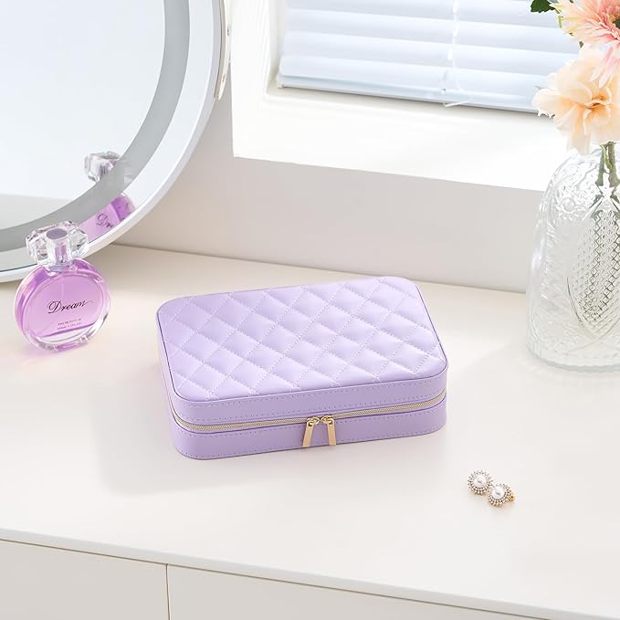 Lolalet Travel Jewelry Case for Women Girls, Travel Jewelry Organizer Box with Mirror & Clear Storage Bag, Small Portable Earring Necklace Bracelet Ring Case, Birthday Valentine Gifts -Medium, Purple