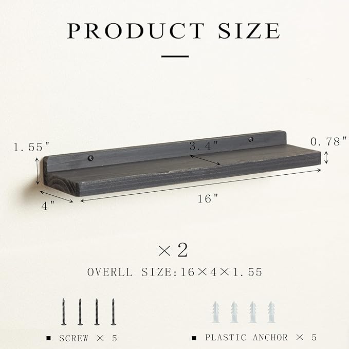 Freezing point Floating Shelves for Wall Set of 2 Natural Wood 16Inch Wall Shelf Decor Plant Display Collectibles Mounted Kitchen Bathroom Bedroom Corner Decorative Storage Stand Black