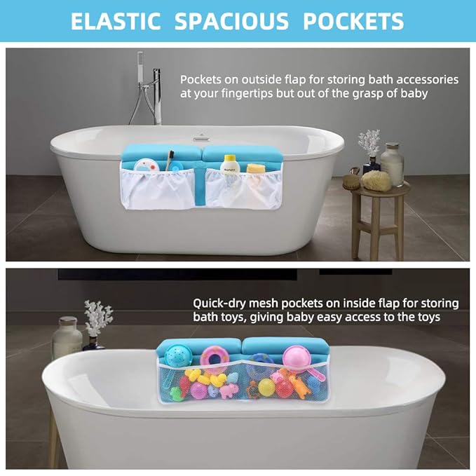 Bath Kneeler and Elbow Rest Set Thick Baby Bath Kneeling Pad Bathing Kneeling Mat Cushion Washable Padded Bathtub Knee Saver with Arm Support and Pockets Organizer for Bathroom Bathtime Comfort, Blue