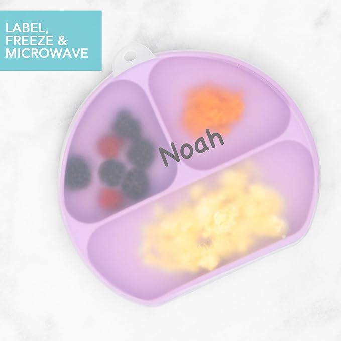 Bumkins Toddler and Baby Suction Plate, Silicone Divided Grip Dish and Lid, Babies and Kids, Baby Led Weaning, Children Feeding Supplies, Non Skid Bottom, Platinum Silicone, Ages 6 Mos Up, Lavender