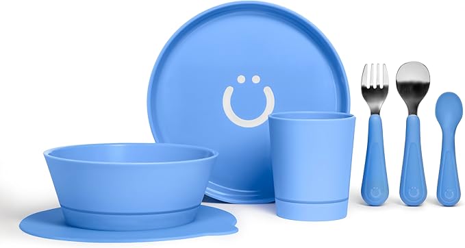 Ubbi Toddler Feeding Set, 7-Piece, Plate, Bowl, Cup + Baby & Toddler Stainless Steel Utensils, Interchangeable Suction Base, BPA-Free Dishwasher Safe, Self-Feeding for Baby-Led Weaning, Polaris Blue