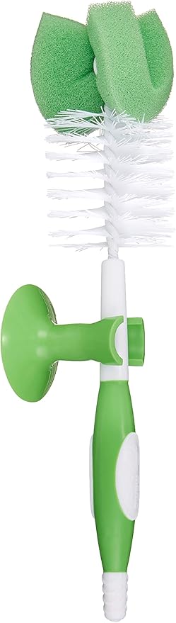 Amazon Brand - Mama Bear Baby Bottle Brush with Nipple Cleaner and Suction Cup Stand,White,3 Count (Pack of 12)