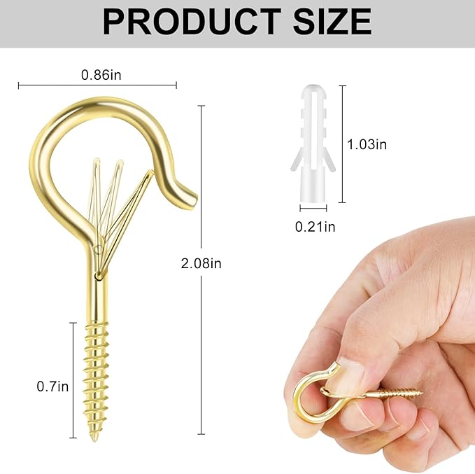 FSAH 12 PCS Q-Hanger Hooks, Screw Hooks for Outdoor String Lights, Safety Buckle Design Cup Eye Hook for Hanging Christmas Lights, Plants, Wind Chimes, Mounted on Wall Ceiling, Windproof, Gold