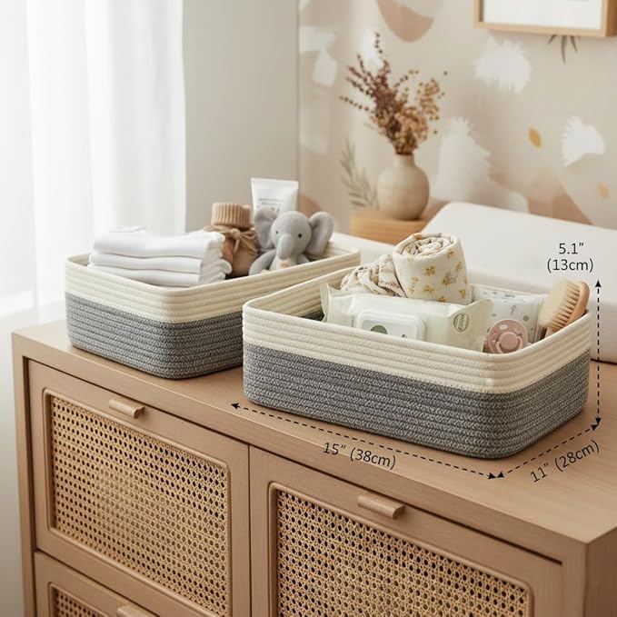 2 Pack Storage Baskets for Organizing, 15"x11"x5.1", Small Basket for Shelves, Closet, Nursery, Living Room,Bathroom, Shallow Basket Organizer, White & Mixed Gray
