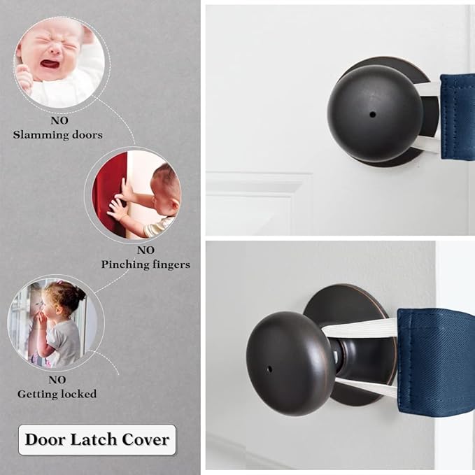 PONY DANCE Baby Door Latch Cover Closer - Nursery Door Silencer with Strong Elastic Straps, Thick Solid Cushion for Noise Reduction, Prevents Slamming, 3 Pieces, 4W x 2L Inches, Navy Blue