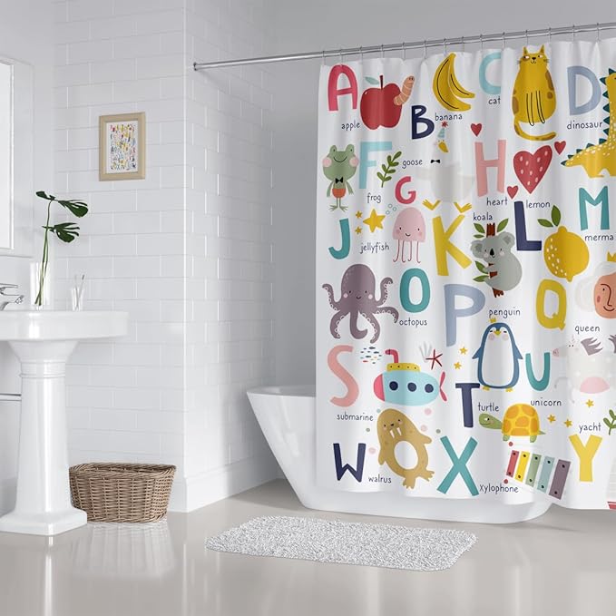 Kids ABC Shower Curtain Alphabet Educational Learning Tool Toddler Baby Cartoon Animals Girls Boys Colorful Bath Curtain Decor Waterproof Fabric 72Lx72W Inch with Hooks