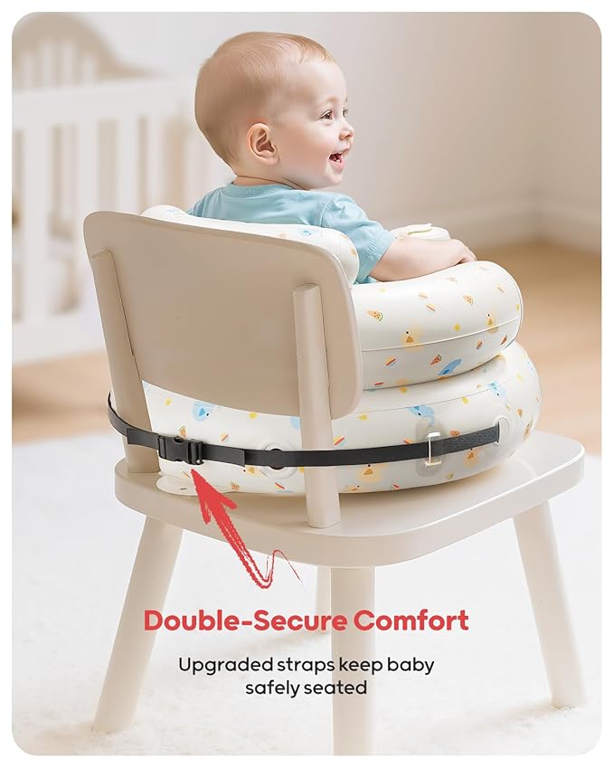 QPAU Inflatable Baby Seat with Safety Harness for Babies 3 Months & Up, Baby Floor Seats for Sitting Up, Baby Seats for Infants, Blow Up Baby Chair with Built in Air Pump (Elephant)
