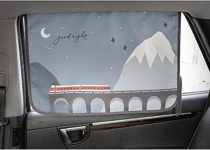 BEBEDECO Magnetic Car Sun Shade Curtain for Side Window – Sun Blocker and UV Protector for Baby, Kids, and Pets – Universal Fit with Built-in Magnets for Steel-Framed Door (Bebe Train)