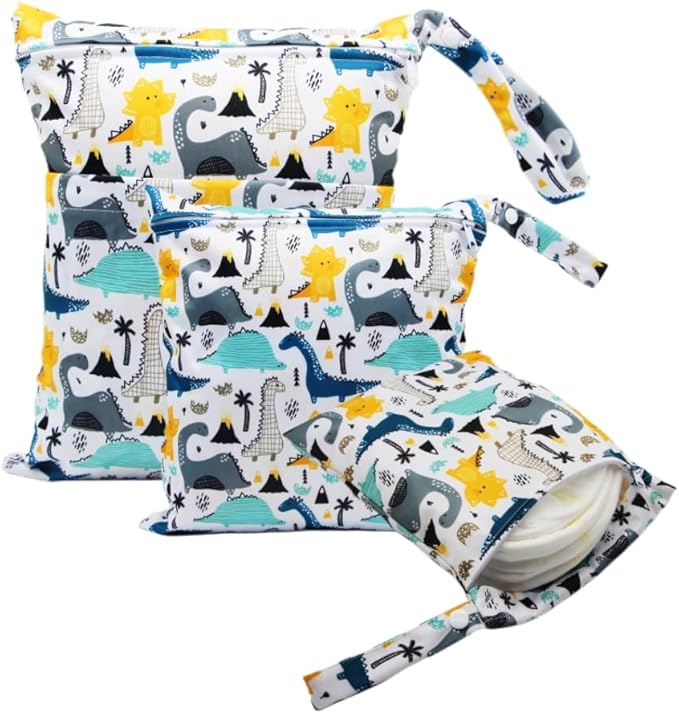 Asenappy 3pcs Cloth Diaper Wet Dry Bags Waterproof Reusable with Two Zippered Pockets Travel Beach Pool Daycare Soiled Baby Items Yoga Gym Bag for Swimsuits or Wet Clothes (dinosaur)