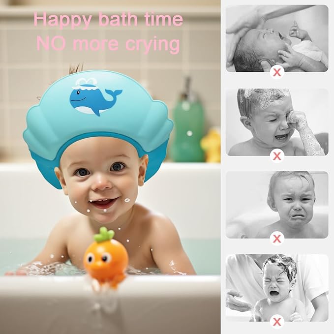 Baby Shower Cap Shield, Shower Cap for Kids, Visor Hat for Eye and Ear Protection for 0-9 Years Old Children,Cute whale shape Makes the Baby Bath More Fun (Blue)