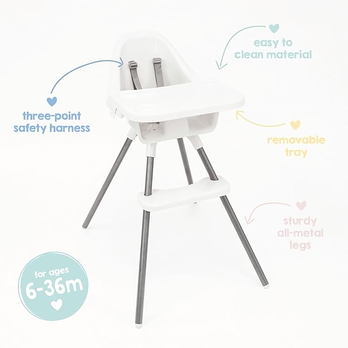 Regalo Baby Basics® High Chair for Babies and Toddlers, Baby High Chair with Removable Oversized Tray & Cup Holder, 5-Point Harness, Easy to Clean Toddler High Chair, White