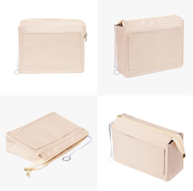 Vercord Purse Organizer Insert with Zipper for Women Hobo Handbags Shaper Insert 12 Pockets Bag Beige Large