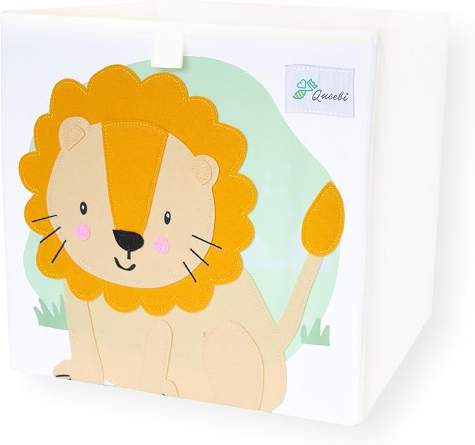 Queebi Storage Cube- Organizer for Nursery, Playroom, Bedroom, Closet. Foldable Box 13x13x13 inches. Children's Toy Box, Diaper Caddy, Clothing Basket, Book Bin, Baby Essentials & Gift (Lion)
