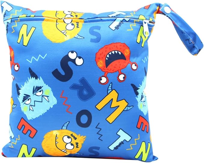 FANALALA Waterproof Wet Dry Bag, Reusable Diaper Pouch with Zipper, Machine Washable Travel Organizer for Beach, Daycare, Kids, Dinosaur Pattern (Blue Monster)