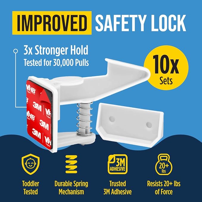 Cabinet Locks for Babies - Child Safety Latches 10 Pack - Invisible Adhesive Baby Proofing Drawer Locks - Works with Most Cabinets and Drawers - No Drilling Installation - (White)