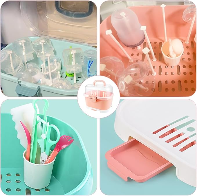 DOERDO Baby Bottle Drying Rack, Portable Large Capacity Toddler Bottles Storage Box with Cover Portable Kitchen Cabinet Organizer for Home Kitchen, 11.6x9.4 Inch, Orange