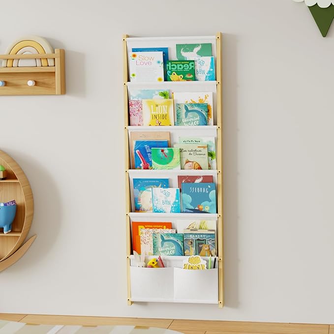 Wood 6-Tier Wall Mounted Kids Bookshelf – Floating Book Shelf For Kids Rooms,Nursery & Classroom, Hanging Bookcase Organizer For Books, Toddler Book Shelf, Montessori Bookshelf, Nursery Shelves