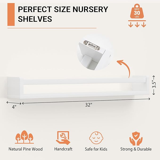 Heimlove Nursery Floating Shelves, Solid Wood Nursery Book Shelves for Wall, 32 inch Bookshelf for Kids, Wall Mounted Shelves for Books,Toys and Decor Storage, Set of 3 (White)
