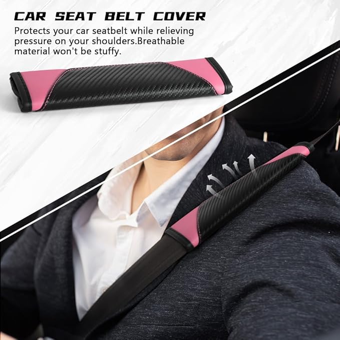 2PCS Car Seat Belt Cover Pad, Soft Carbon Fiber Leather Seatbelt Shoulder Protector for a More Comfortable Driving, Universal Safety Belt Strap Cover to Protect Your Neck (Pink)