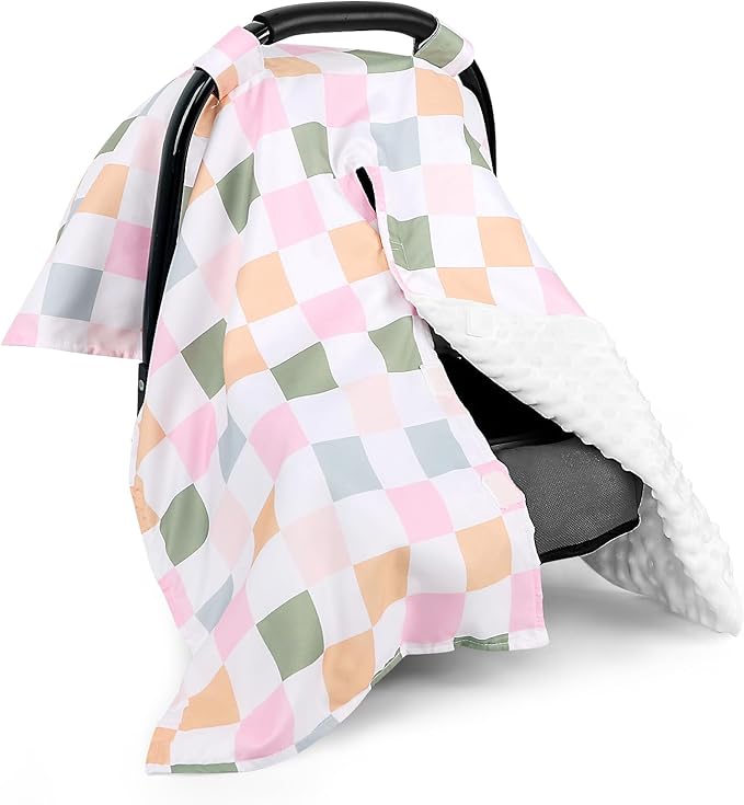 DILIMI Baby Car Seat Cover, Minky Warm Car Seat Covers for Babies, Peekaboo Opening Infant Car Seat Cover, Nursing Cover Carseat Canopy, Colorful Checkered