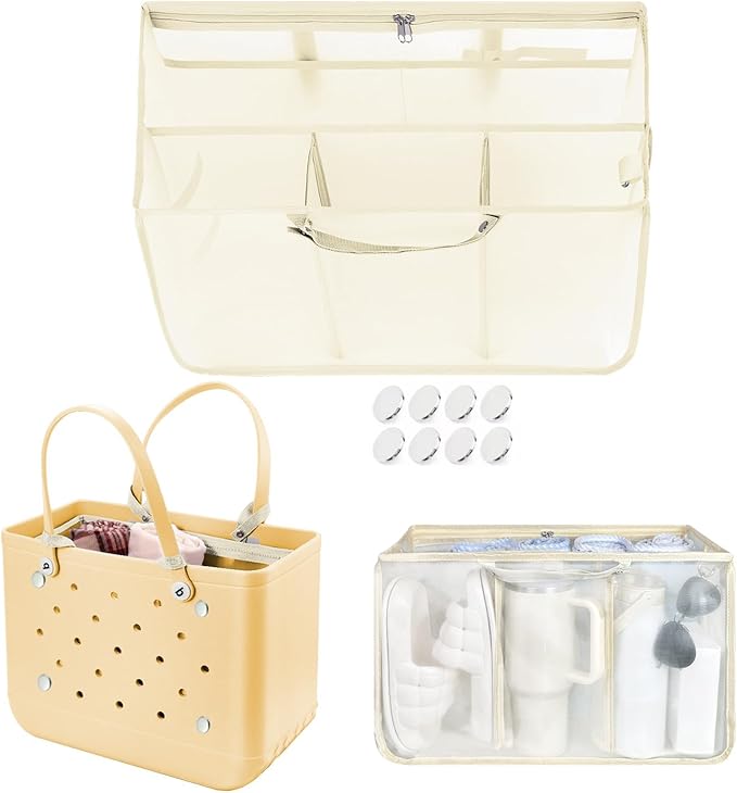 XYFuuee Beach Bag Organizer Inserts for Original Large Bogg Bag Accessories with 8 Removable Metal Fasteners, Lightweight Mesh Insert Divider Pouch, Organizing Rubber Tote, Save Space, Khaki XL