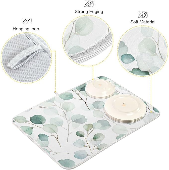 Sage Green Leaves Dish Drying Mat for Kitchen Counter Watercolor Branch Plant Drying Mat 18 x 24 Inch with High Absorbent Reversible Microfiber Dish Drying Pad Drainer Mat for Coffee Bar