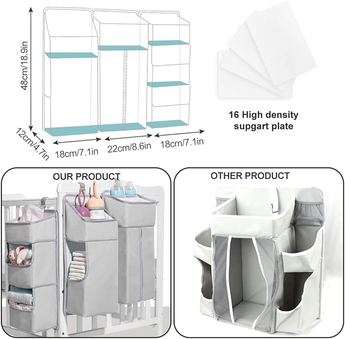 Hanging Diaper Caddy Organizer for Baby Crib - 3-in-1 Diaper Stacker for Changing Table Nursery Organization Storage Holder for Baby Essentials Attachment Portable Combining (Light grey)