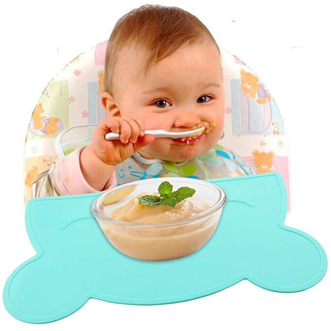 M MOACC Toddlers Non-Slip Silicone Placemat Cute Bear Kids Placemats Washable Dining Table Food Mat for Children Baby,Mint Green