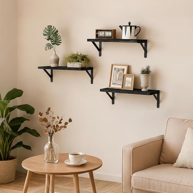 Fixwal Floating Shelves for Wall, Wood Wall Mounted Shelves for Bedroom, Bathroom, Living Room, Kitchen Storage and Decor(Black, Set of 3, 16.5 Inch)
