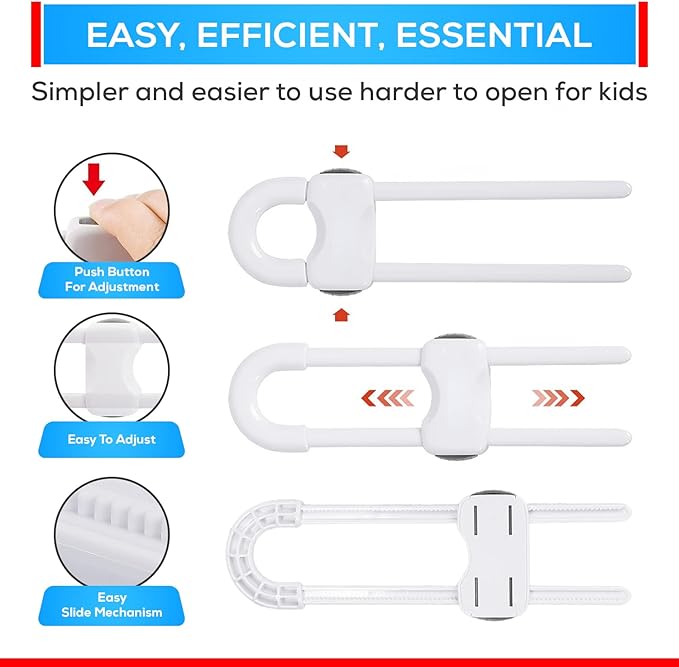 10 PACK Child Proof Cabinet Locks Set, Baby Proofing Adjustable U-Shaped Sliding Locks For Cabinets, Drawers, Closets, Cupboard Handles And Door Knobs. Easy to Use Perfect For Baby Safety (White)
