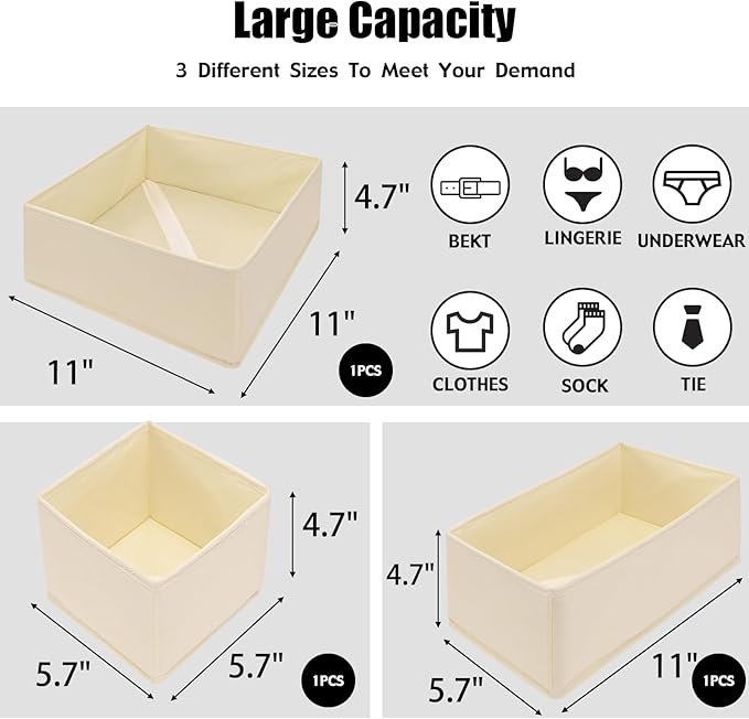 Foldable Dresser Drawer Organizers Clothes & Underwear Storage Box Drawer Divider Organizer Basket Bins for Socks, Bras - 3 Pack (Creamy-White)