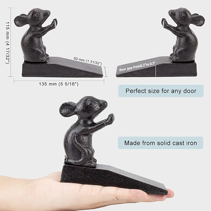 Earl Diamond Heavy Duty Cast Iron Cute Mouse Door Stops | Decorative Cute Animal Statue Metal Door Stopper Wedge, with Non-Slip Mat for Home Office Commercial
