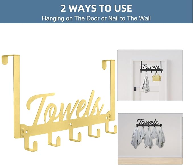 Azmoncy Over The Door Hooks - Heavy Duty Towel Rack with 5 Coat Hooks for Bedroom Kitchen, Gold Bathroom Decor