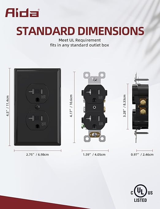 AIDA 20 Amps Outlets Duplex Electrical Receptacle Outlets, Tamper Resistant & Weather Resistance, Wall Plate Included, Residential, 3-Wire, Self-Grounding, UL Listed (20 Pack, Black)